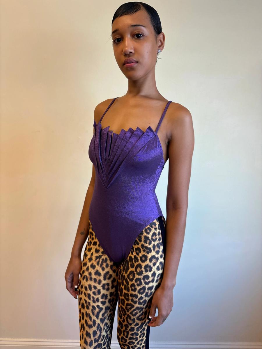 80s Nikos Apostolopoulos Purple Fan-pleated Bodysuit product image