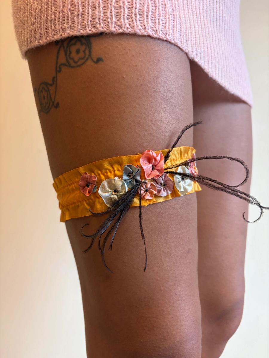 1920s Tangerine Silk Flower Garter with Feather  product image
