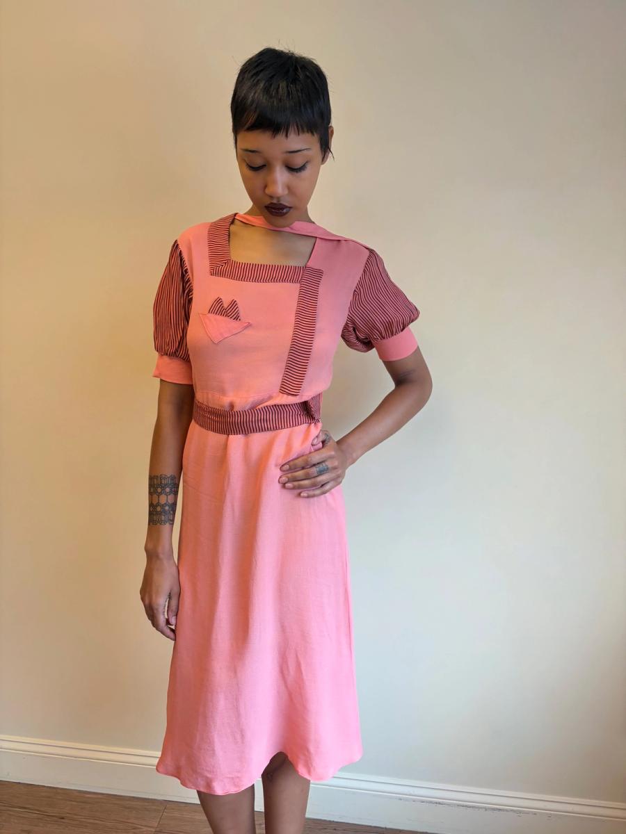1930s Salmon Pink Day Dress with Scarf Neckline  product image