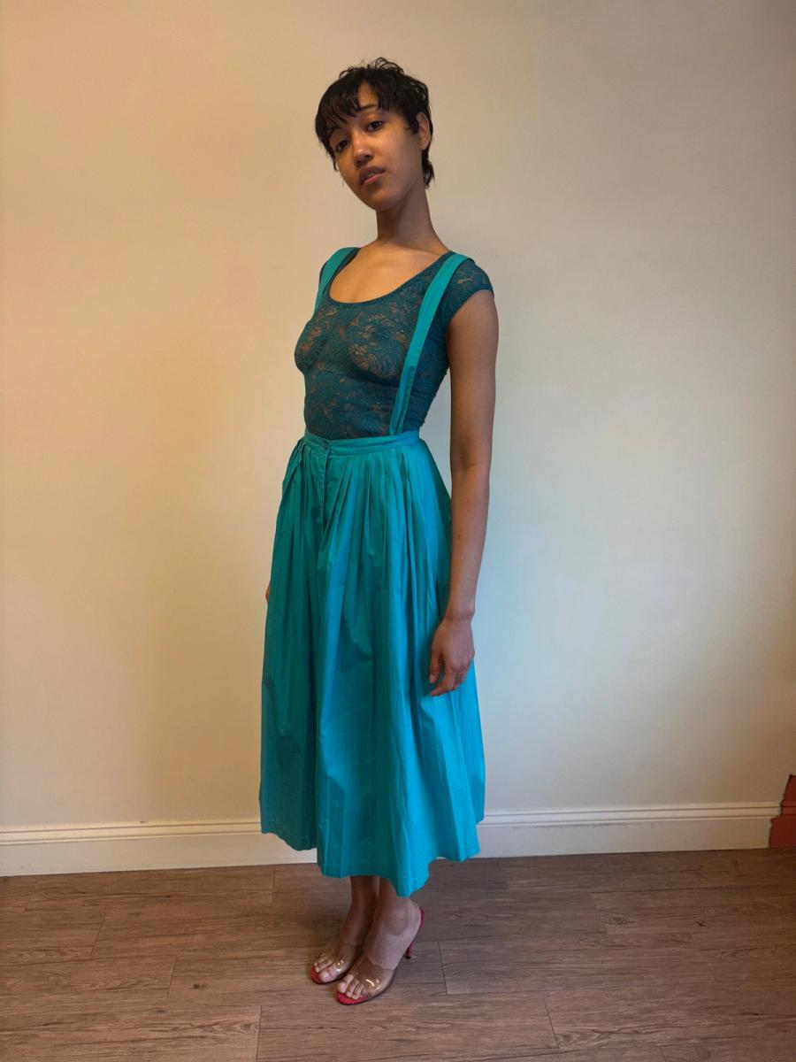 80s Norma Kamali Teal Suspender Skirt product image