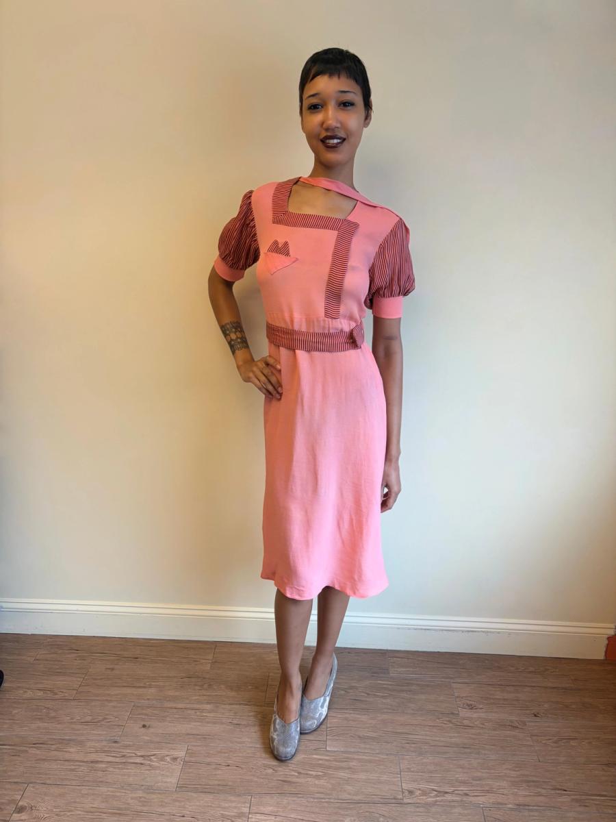 1930s Salmon Pink Day Dress with Scarf Neckline  product image