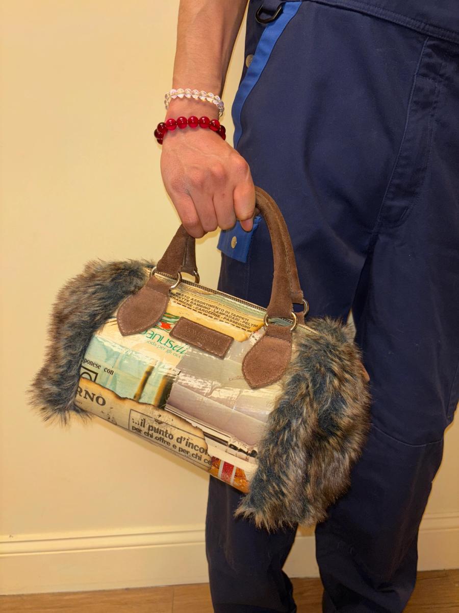 Newsprint and Faux Fur Italian Purse product image