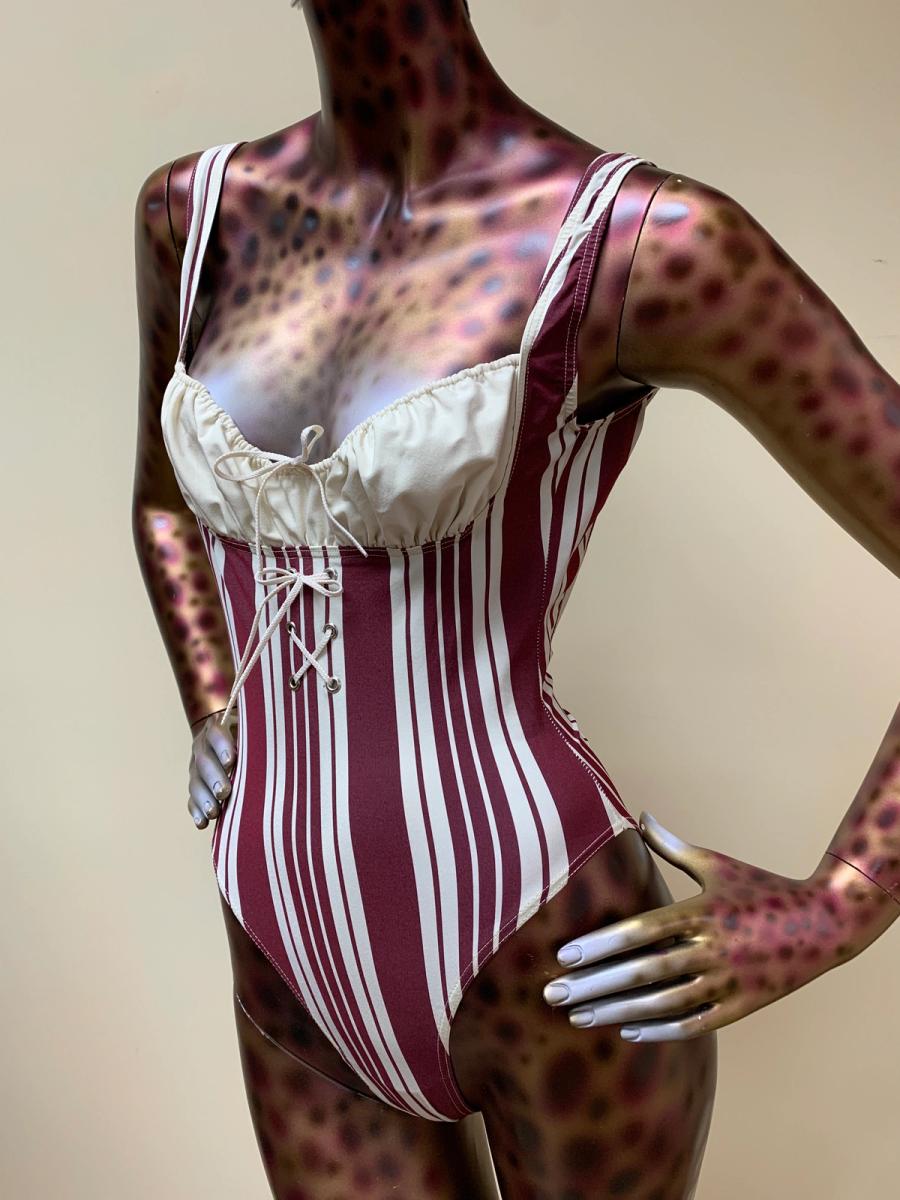 Chantal Thomass Striped Hi-Cut Bodysuit With Cinching Neckline  product image