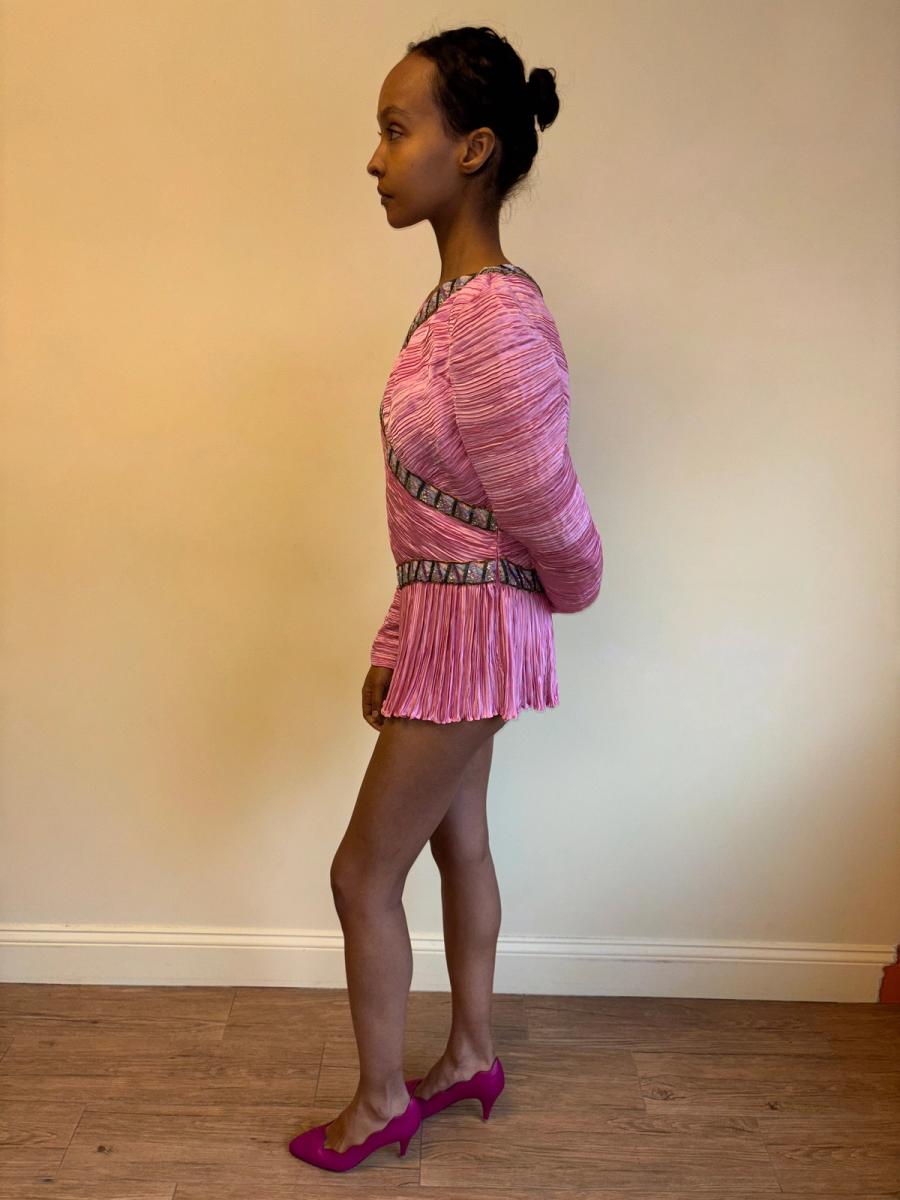 80s Mary McFadden Hot Pink Pleated Dress product image