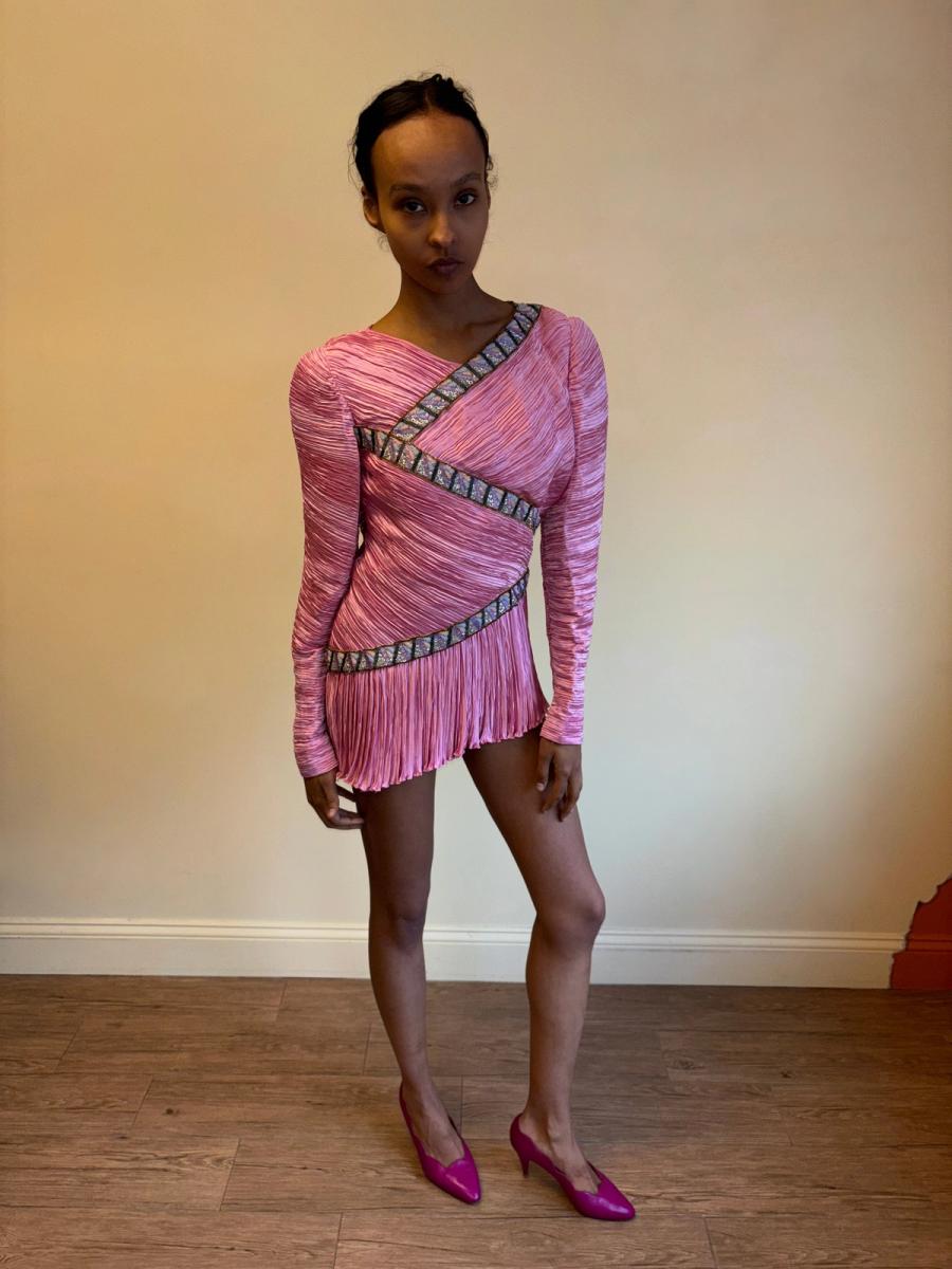 80s Mary McFadden Hot Pink Pleated Dress product image