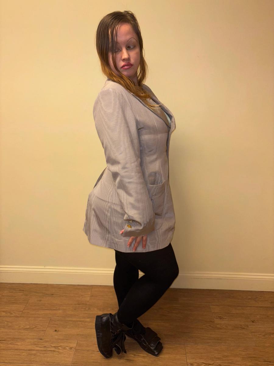 90s Westwood Lavender Moiré Jacket With Engraved Orb Buttons product image