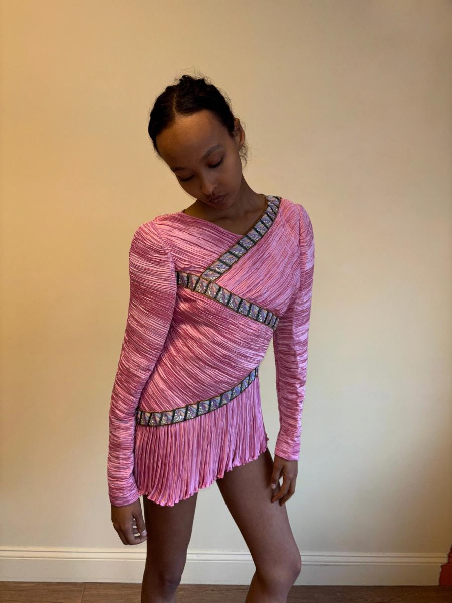 80s Mary McFadden Hot Pink Pleated Dress product image