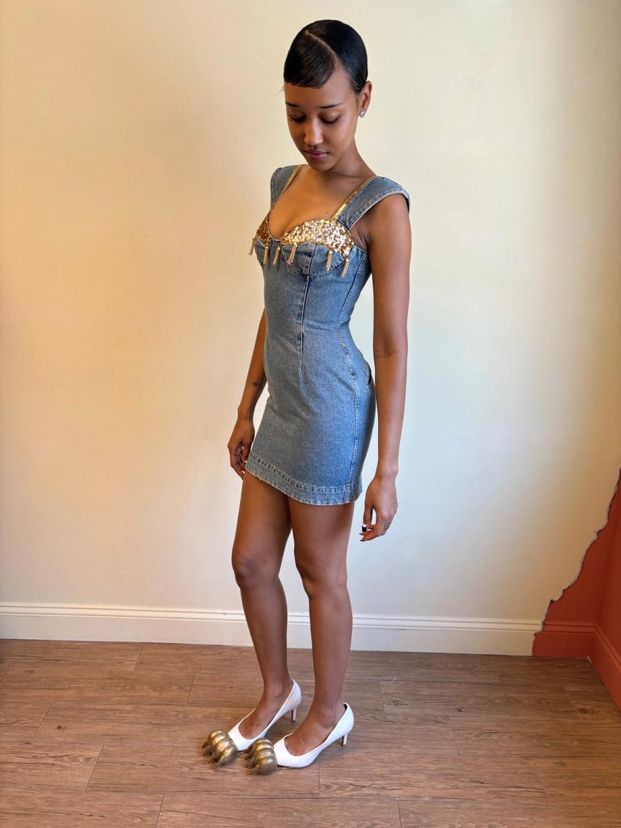 80s Katharine Hamnett Denim Gold Tassel Minidress product image