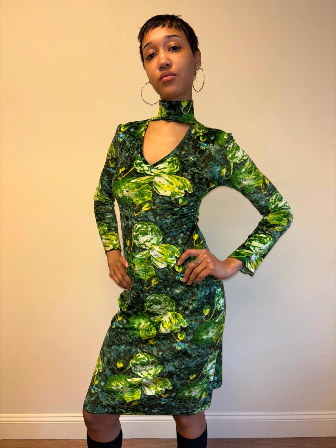 90s Jean Colonna Green Floral Crushed Velvet Dress 90s Jean Colonna Green Floral Crushed Velvet Dress