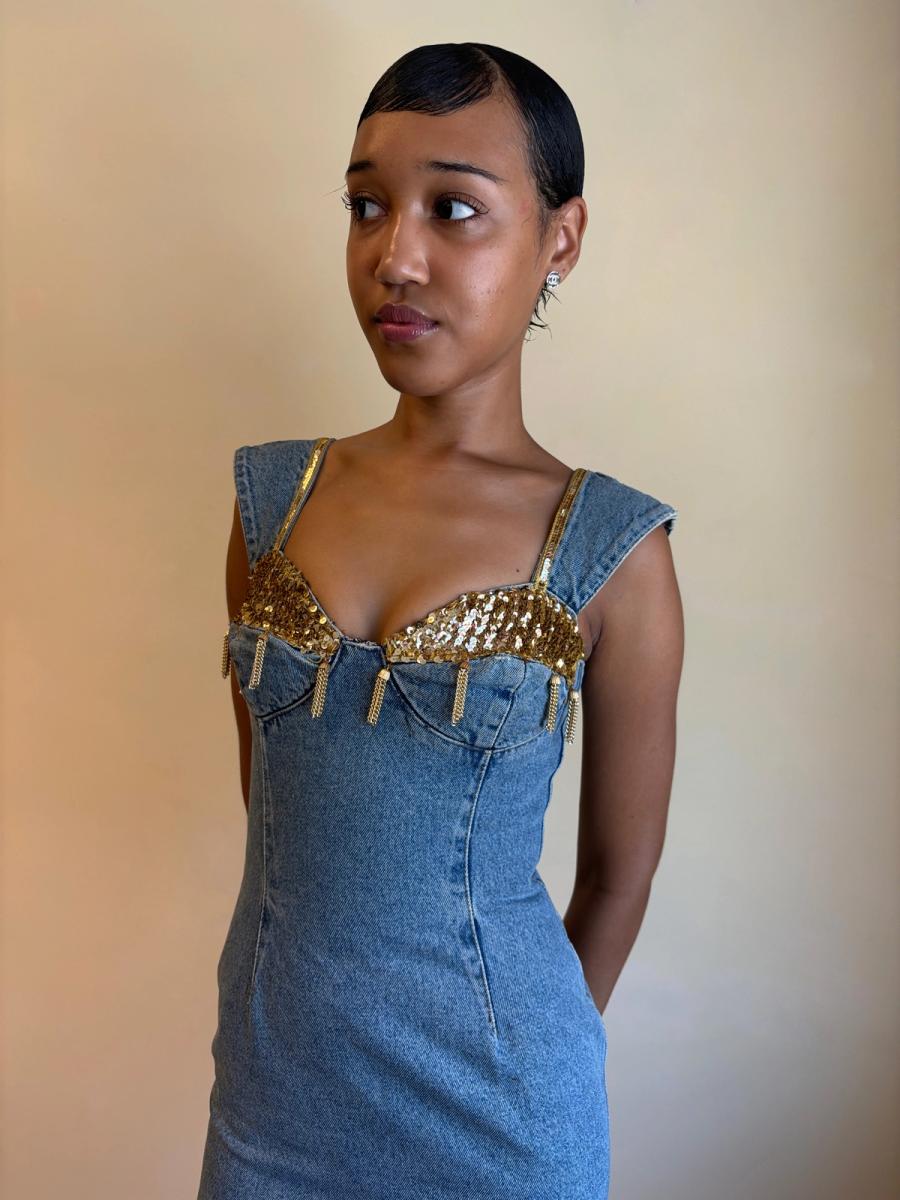 80s Katharine Hamnett Denim Gold Tassel Minidress product image