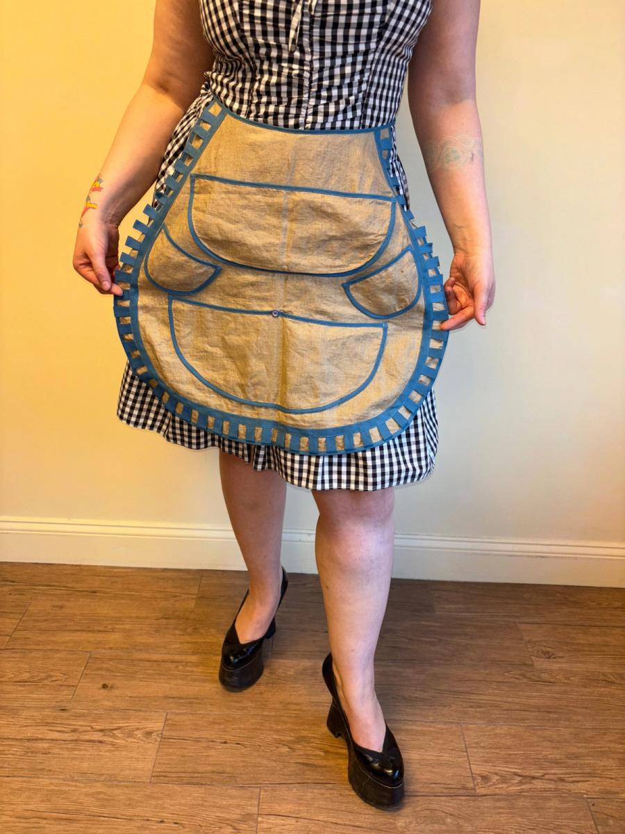 Victorian Natural Linen Apron with Blue Tape Detailing product image