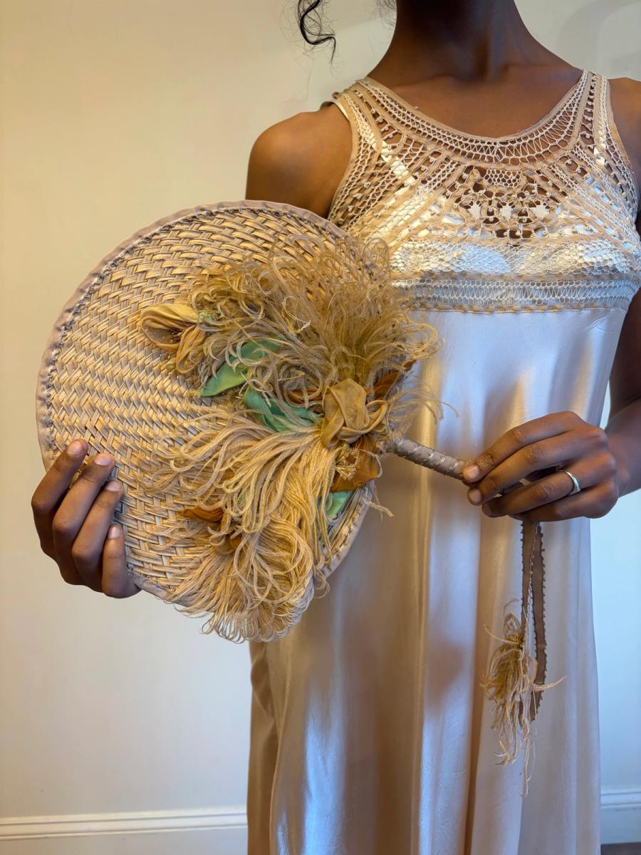 Antique Woven Straw Fan With Exquisite Feather Adornment  product image