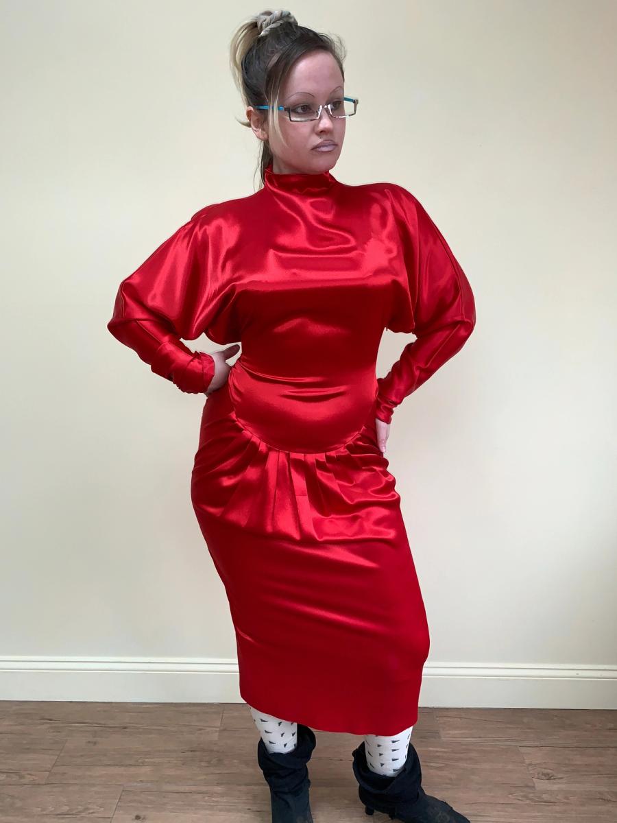 80s Norma Kamali Red Satin Dress