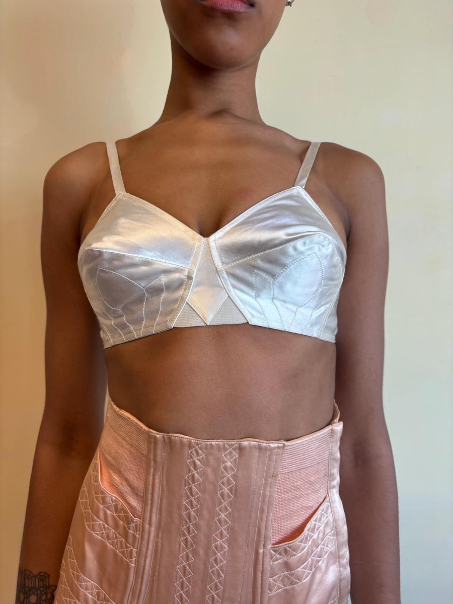 White Satin French Bullet Bra with Embroidered Front product image