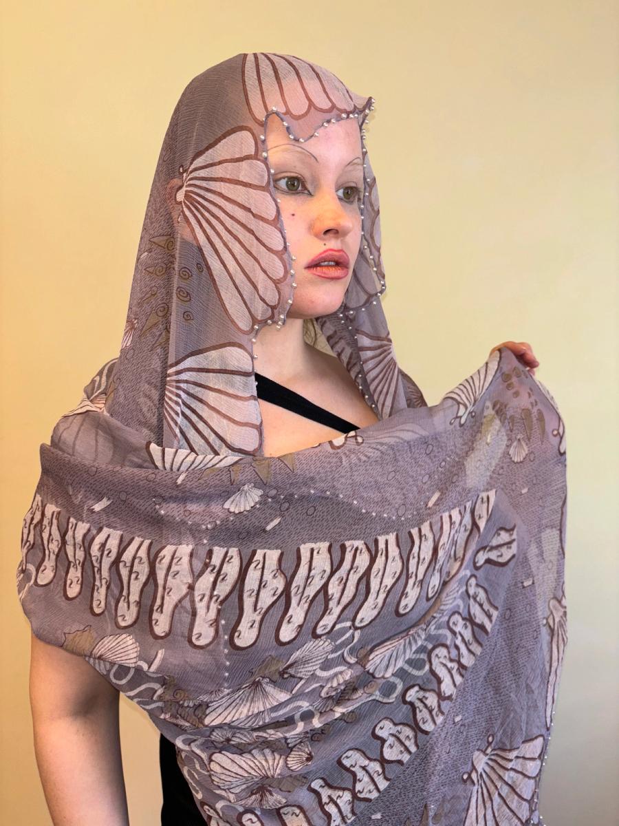Zandra Rhodes Squiggle & Shell Printed Shawl with Pearl Beaded Edges product image