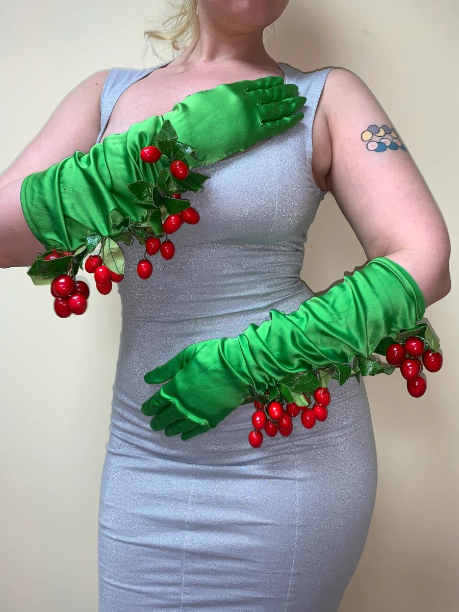 Cherry Embellished Silk Opera Gloves product image