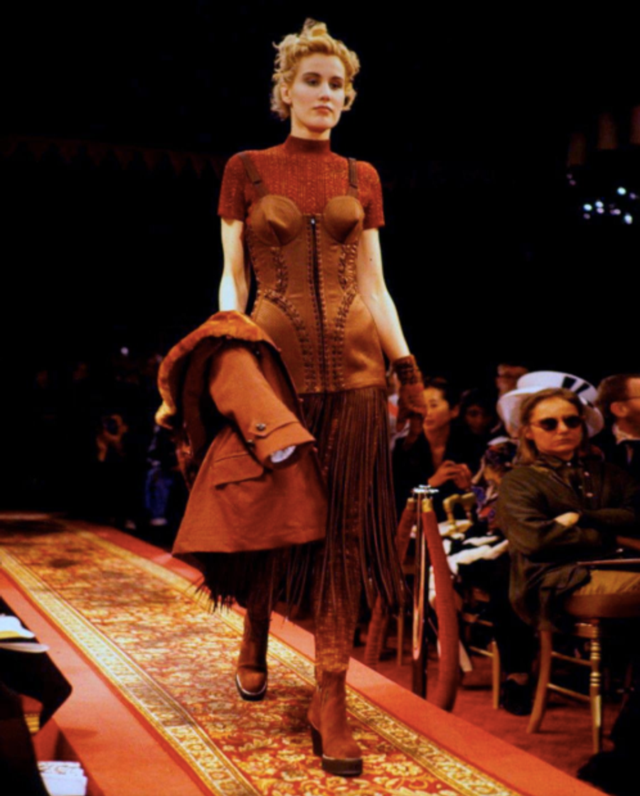 1990 Gaultier Satin Cone Bra Girdle Dres with Lacing Fringe Hem product image