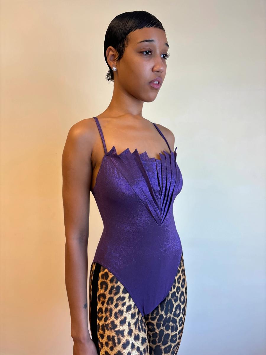 80s Nikos Apostolopoulos Purple Fan-pleated Bodysuit product image