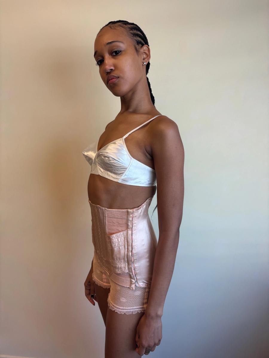 White Satin French Bullet Bra with Embroidered Front product image
