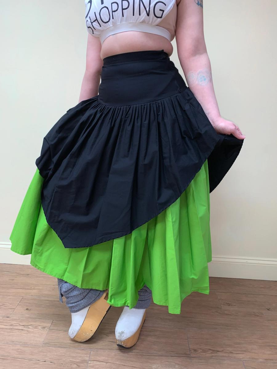 80s Norma Kamali Green and Black Voluminous Skirt