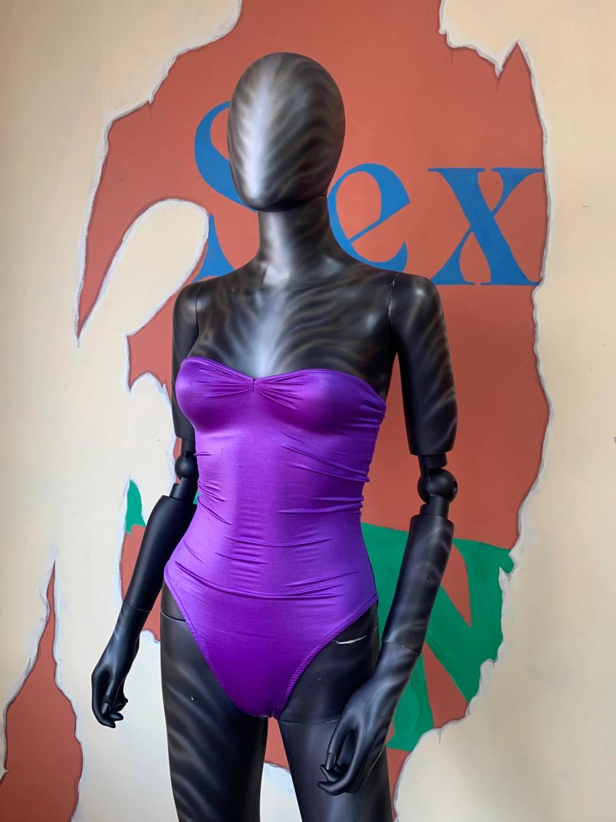 Deadstock 80s OMO Norma Kamali Glossy Purple Bodysuit product image