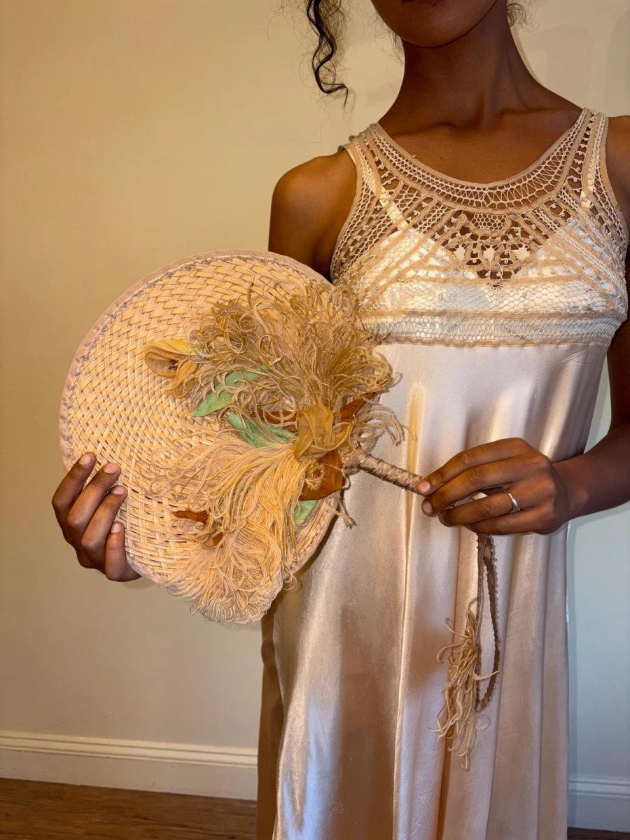 Antique Woven Straw Fan With Exquisite Feather Adornment  product image
