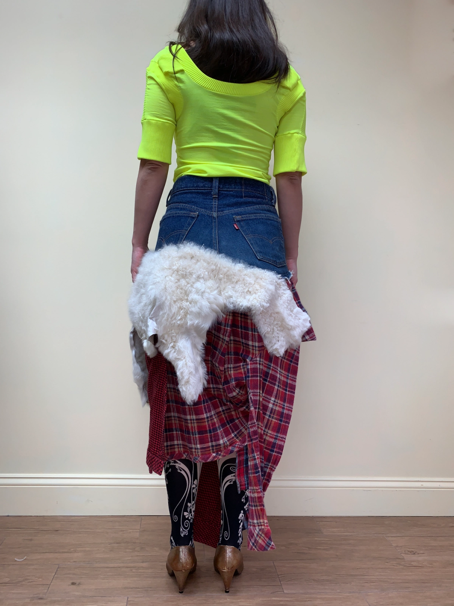 Tomoki Yurita Patchwork Skirt with Plaid Denim and Shearling product image