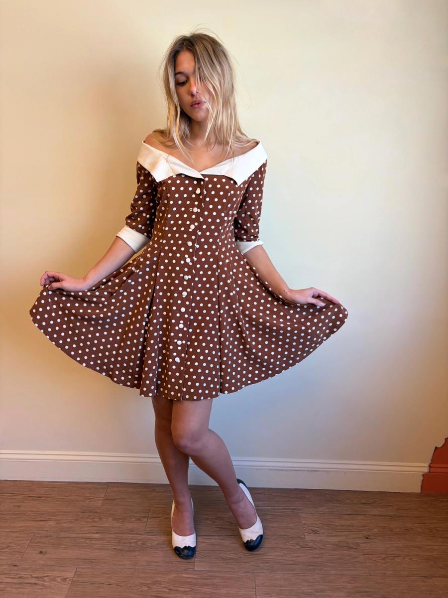 Vintage Norma Kamali Brown Polka Dot Dress product image