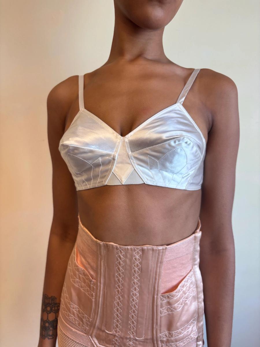 White Satin French Bullet Bra with Embroidered Front product image