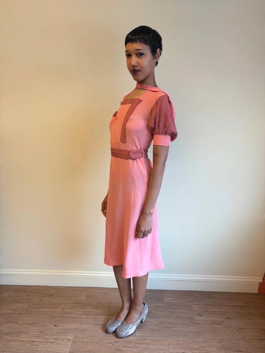 1930s Salmon Pink Day Dress with Scarf Neckline product image