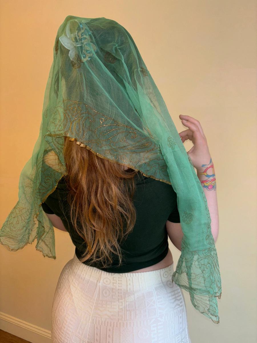 Vintage Indian Silk Scarf with Gold Block Print  product image