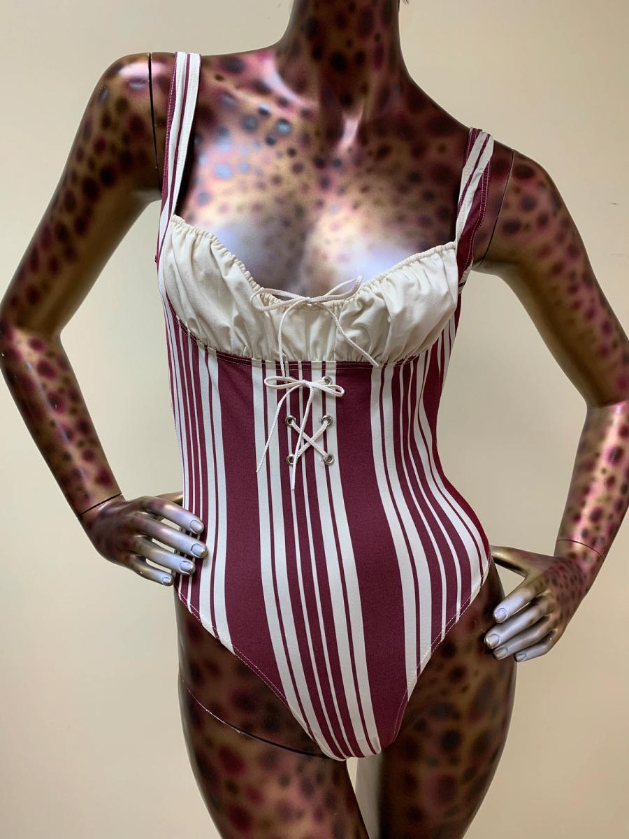 Chantal Thomass Striped Hi-Cut Bodysuit With Cinching Neckline product image