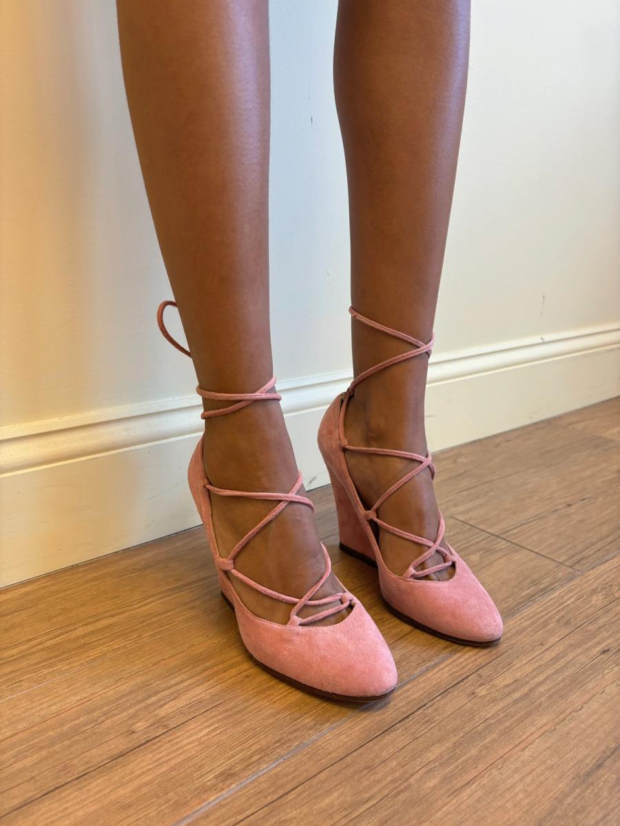 1980s Norma Kamali Ballet Pink Lace-Up Pumps  product image