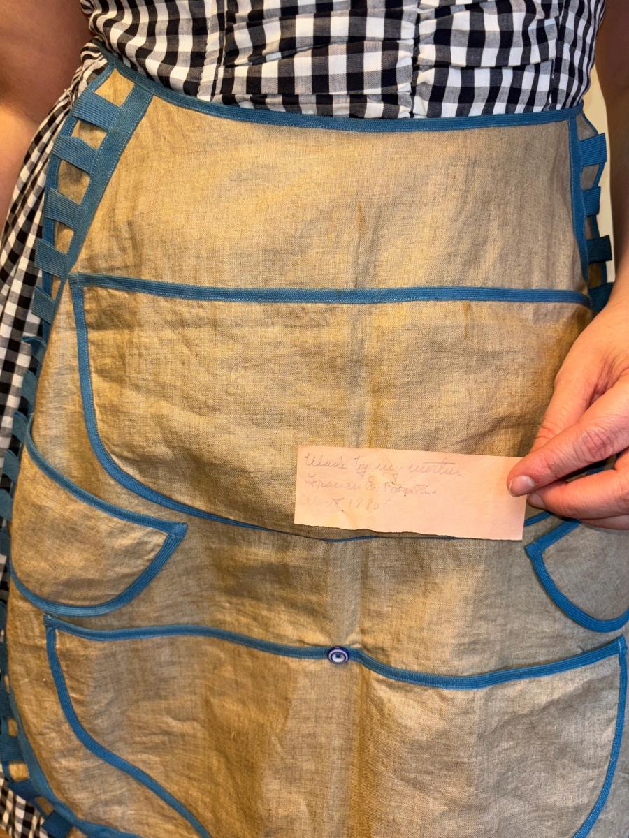 Victorian Natural Linen Apron with Blue Tape Detailing product image