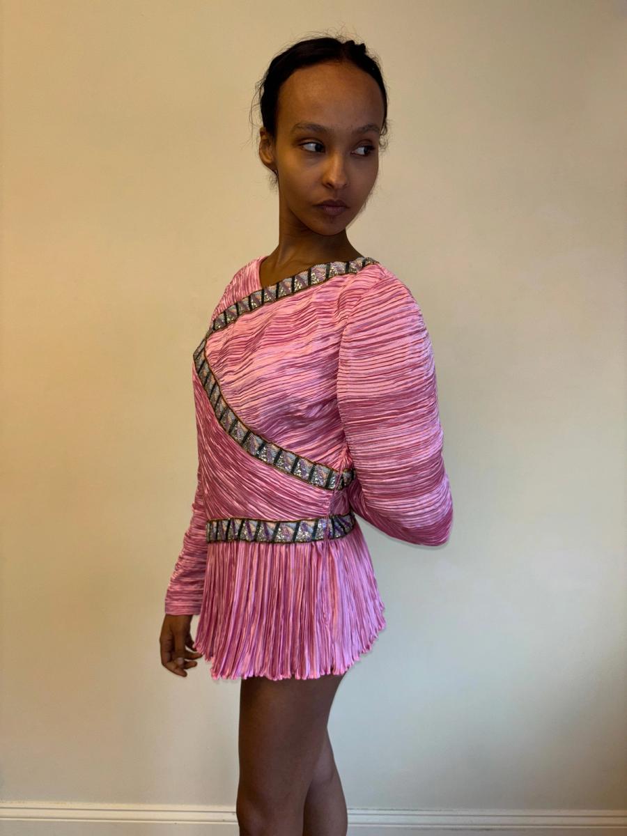 80s Mary McFadden Hot Pink Pleated Dress product image