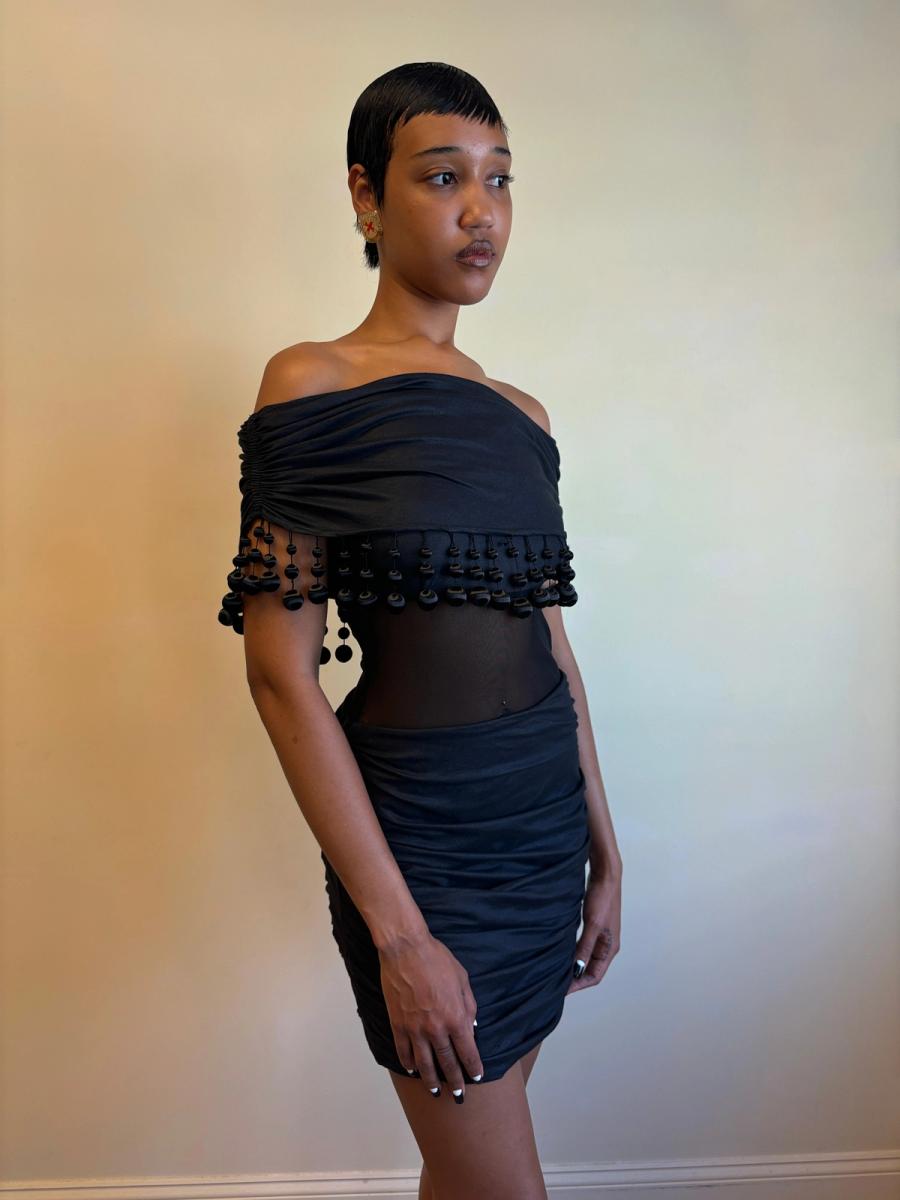 80s Victorio & Lucchino Black Bauble Cutout Dress