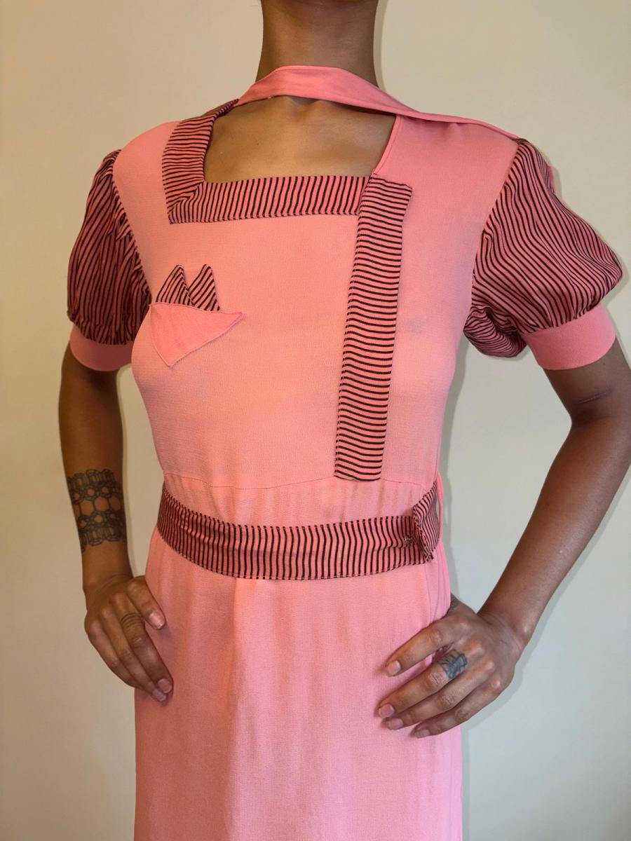 1930s Salmon Pink Day Dress with Scarf Neckline product image