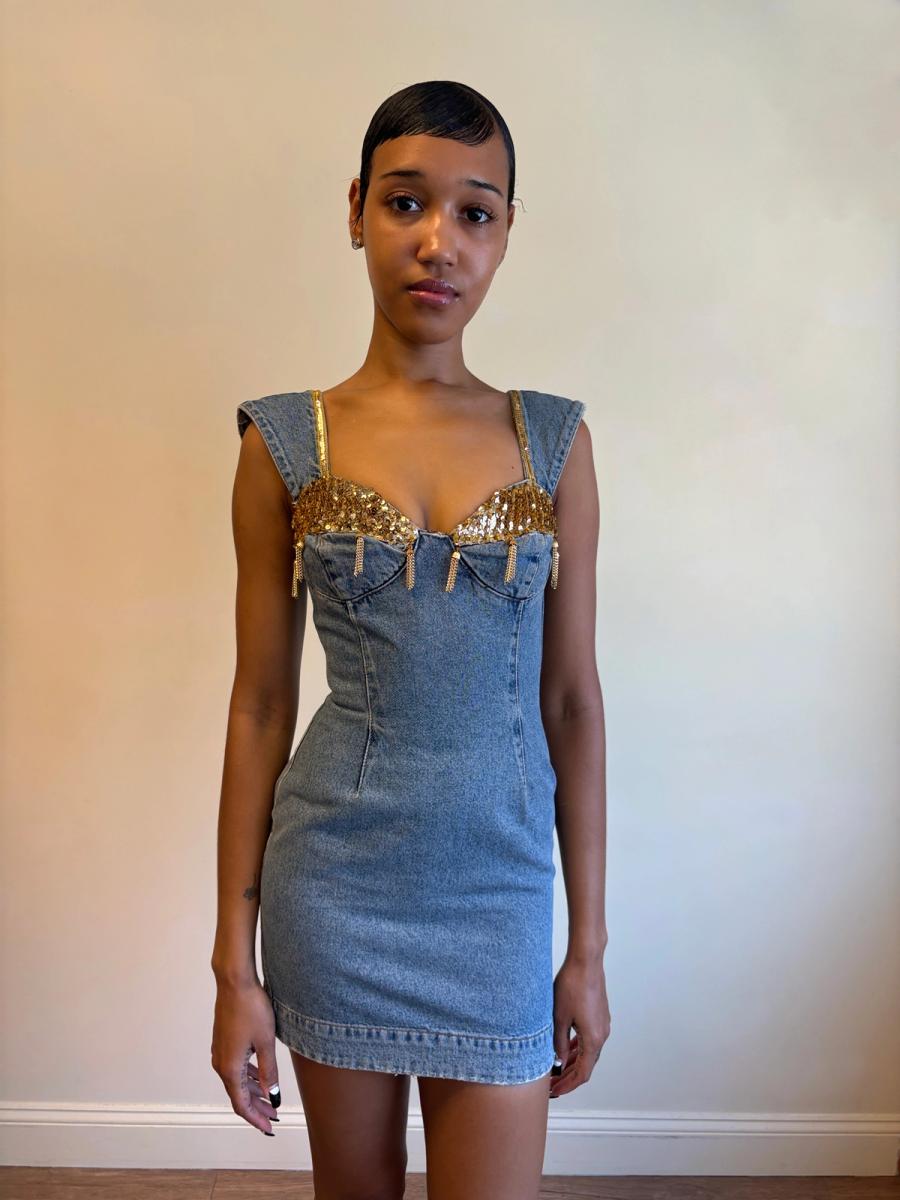 80s Katharine Hamnett Denim Gold Tassel Minidress