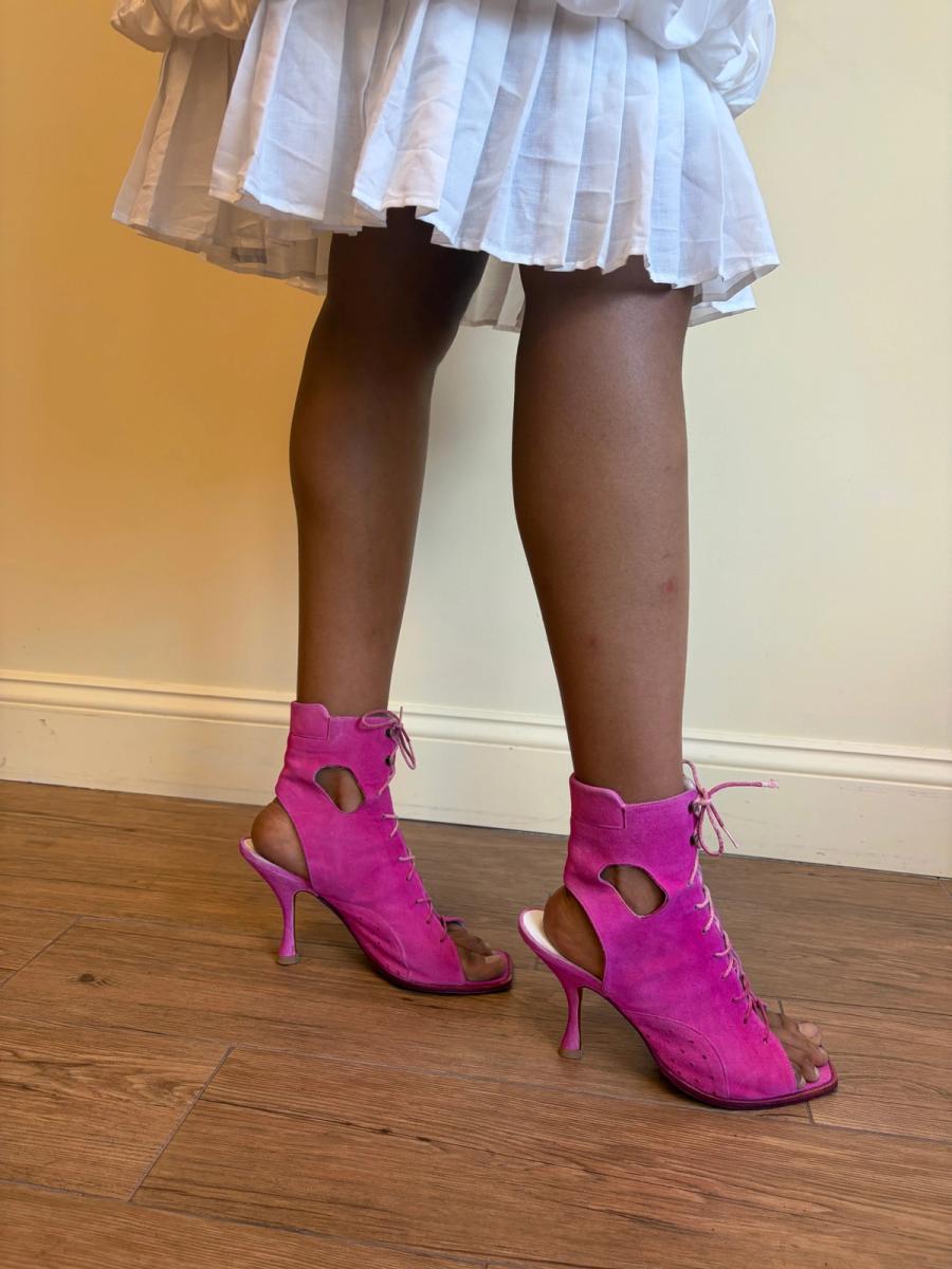 80s Claude Montana Hot Pink Suede Cutout Heels product image