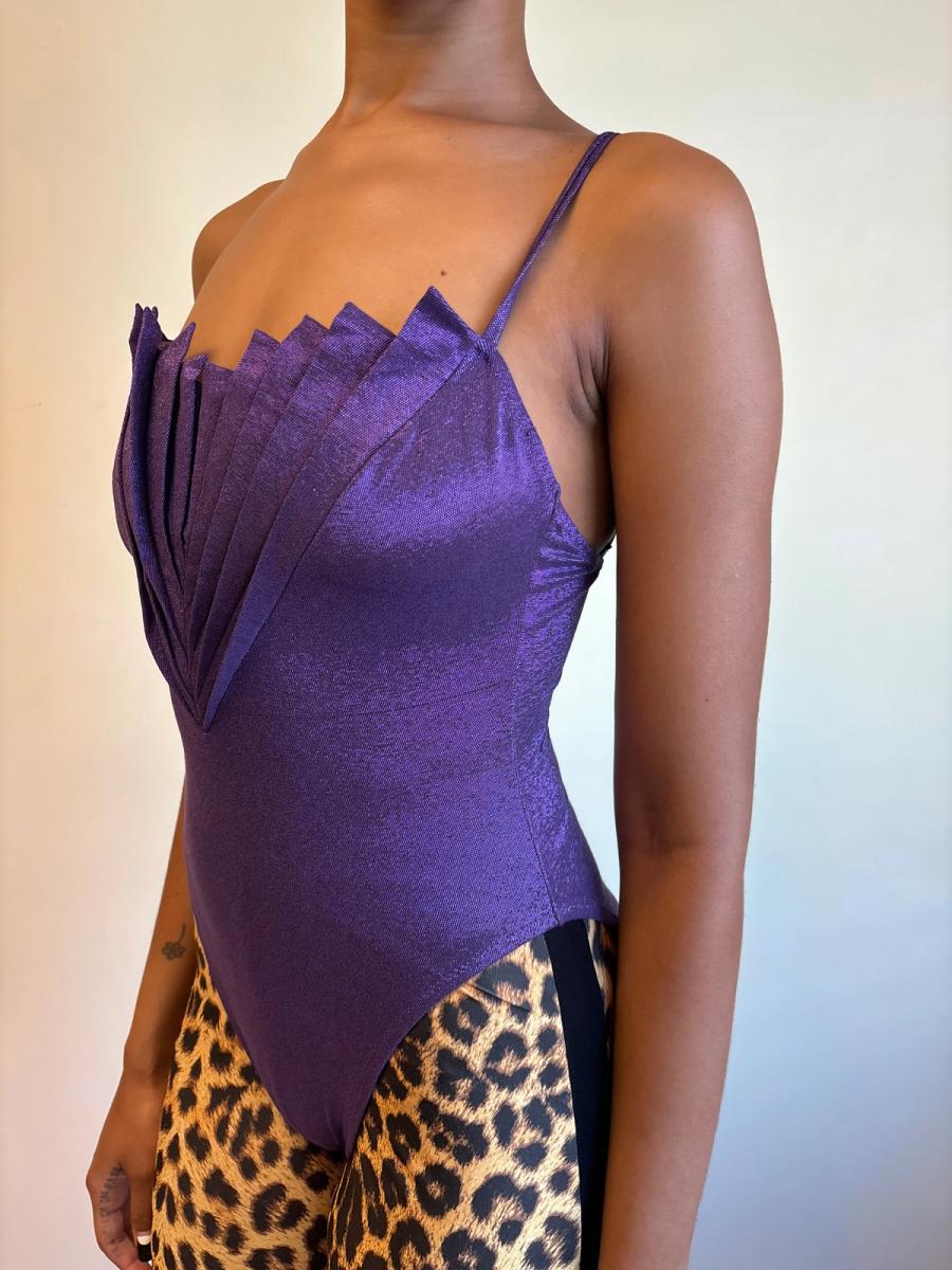 80s Nikos Apostolopoulos Purple Fan-pleated Bodysuit product image
