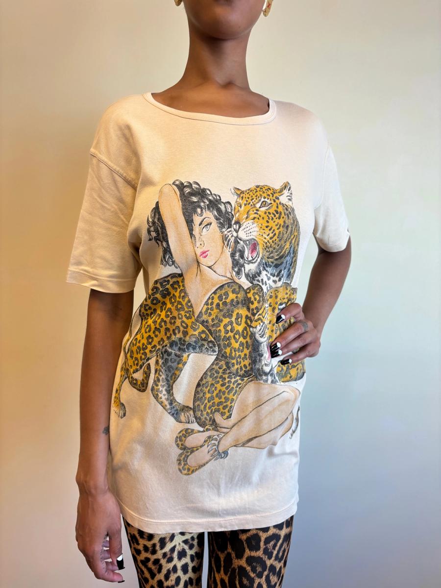 80s Krizia Big Cat and Pin-up Girl Shirt