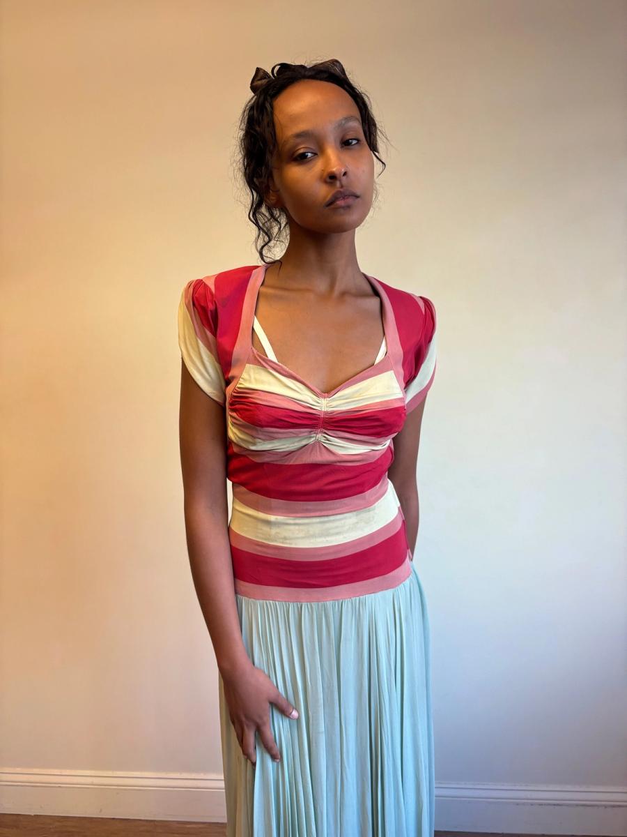 1940s Striped Knit Dress with Chiffon Skirt product image
