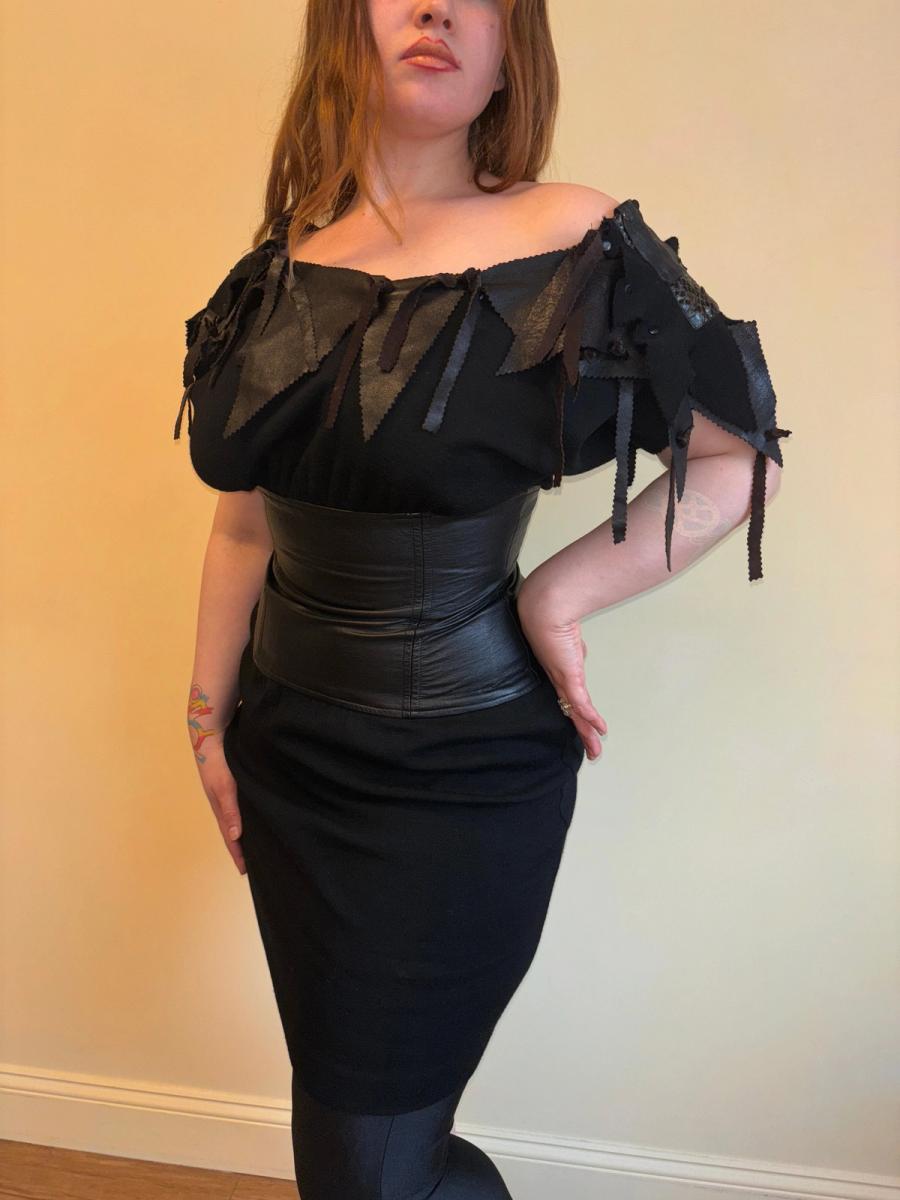 1980s Knit and Leather Shredded Dress
