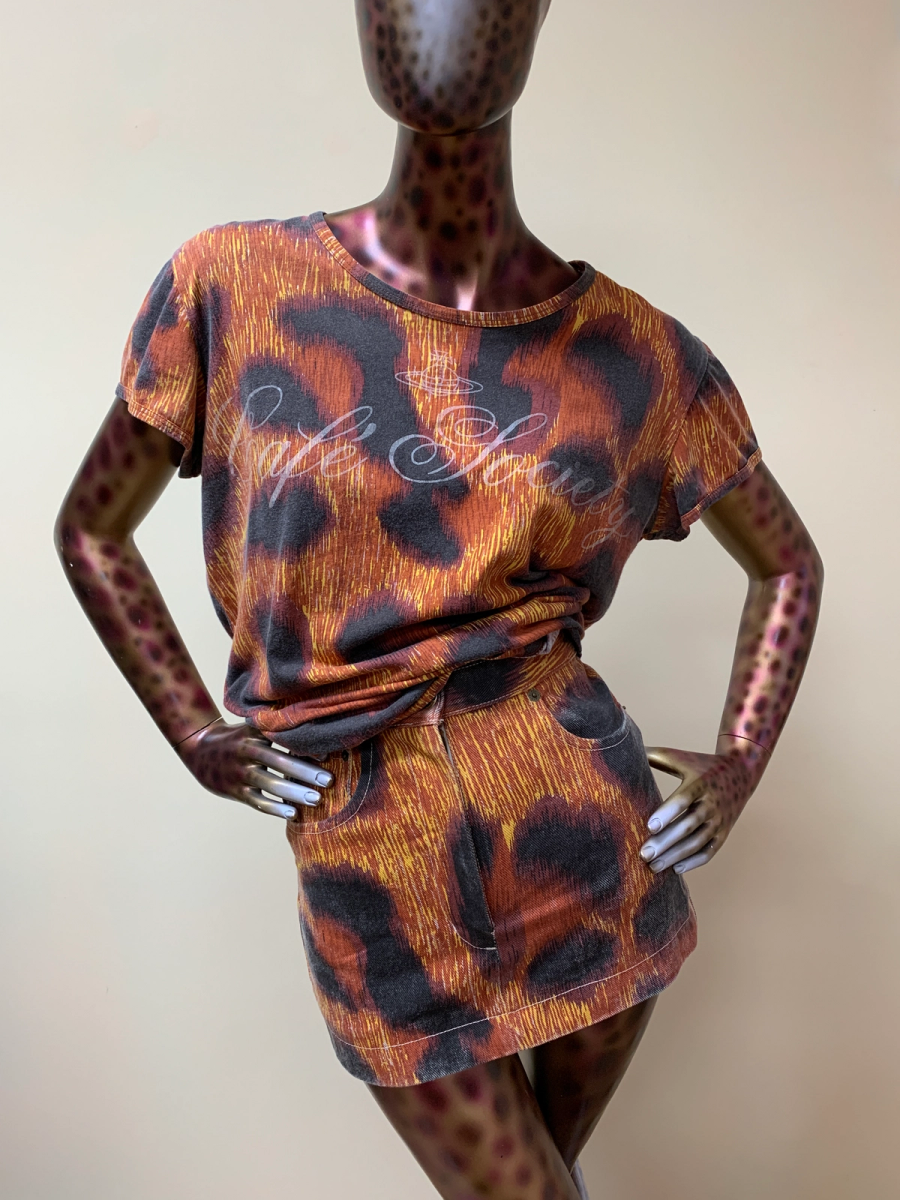 90s Vivienne Westwood Cafe Society Cheetah Denim Skirt