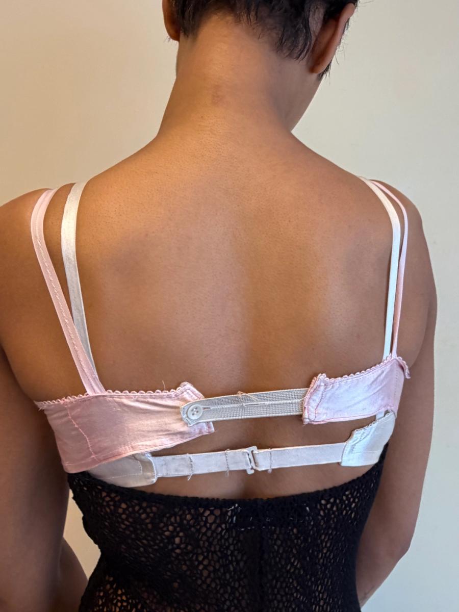 1940s-50s Pink Satin & Crocheted Bullet Bra  product image