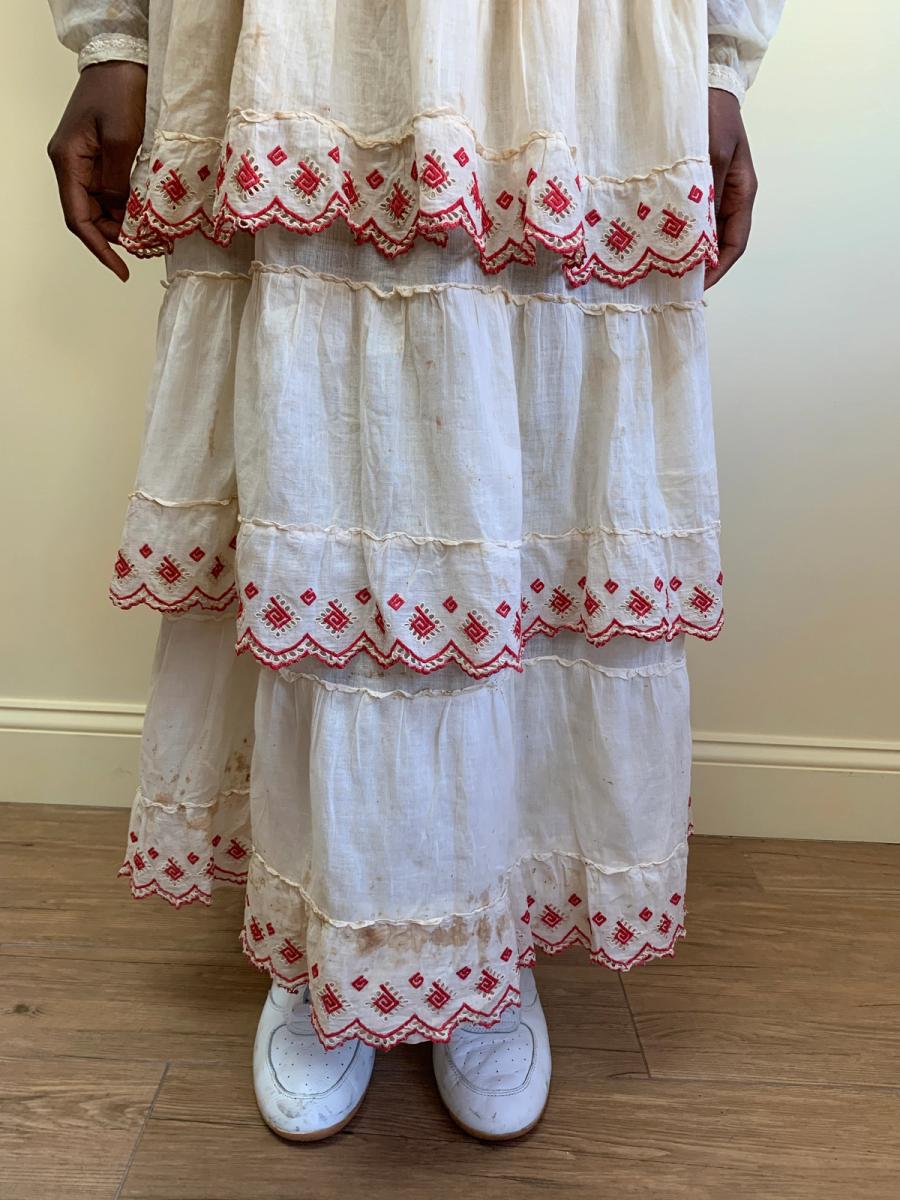 1880s Tiered Muslin Skirt with Embroidered Greek Key product image