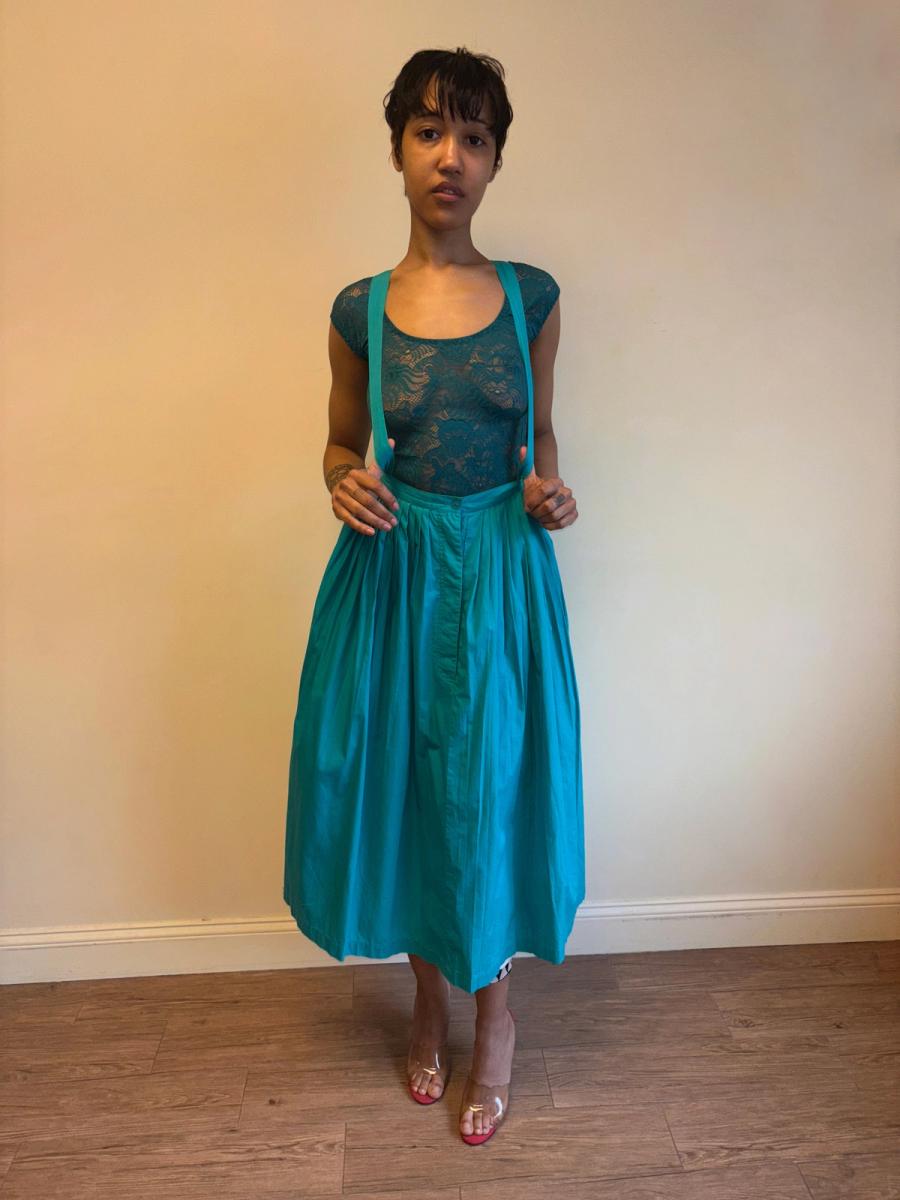 80s Norma Kamali Teal Suspender Skirt product image