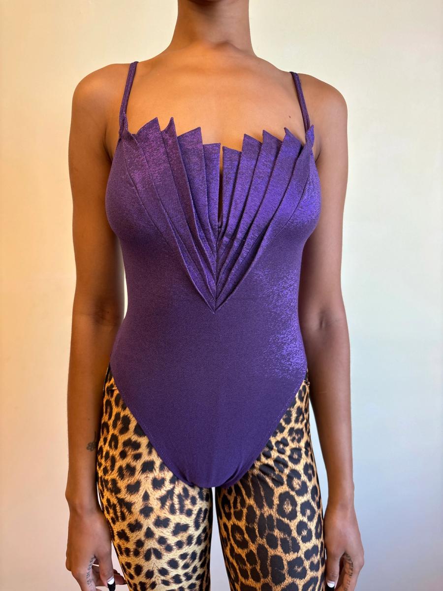 80s Nikos Apostolopoulos Purple Fan-pleated Bodysuit
