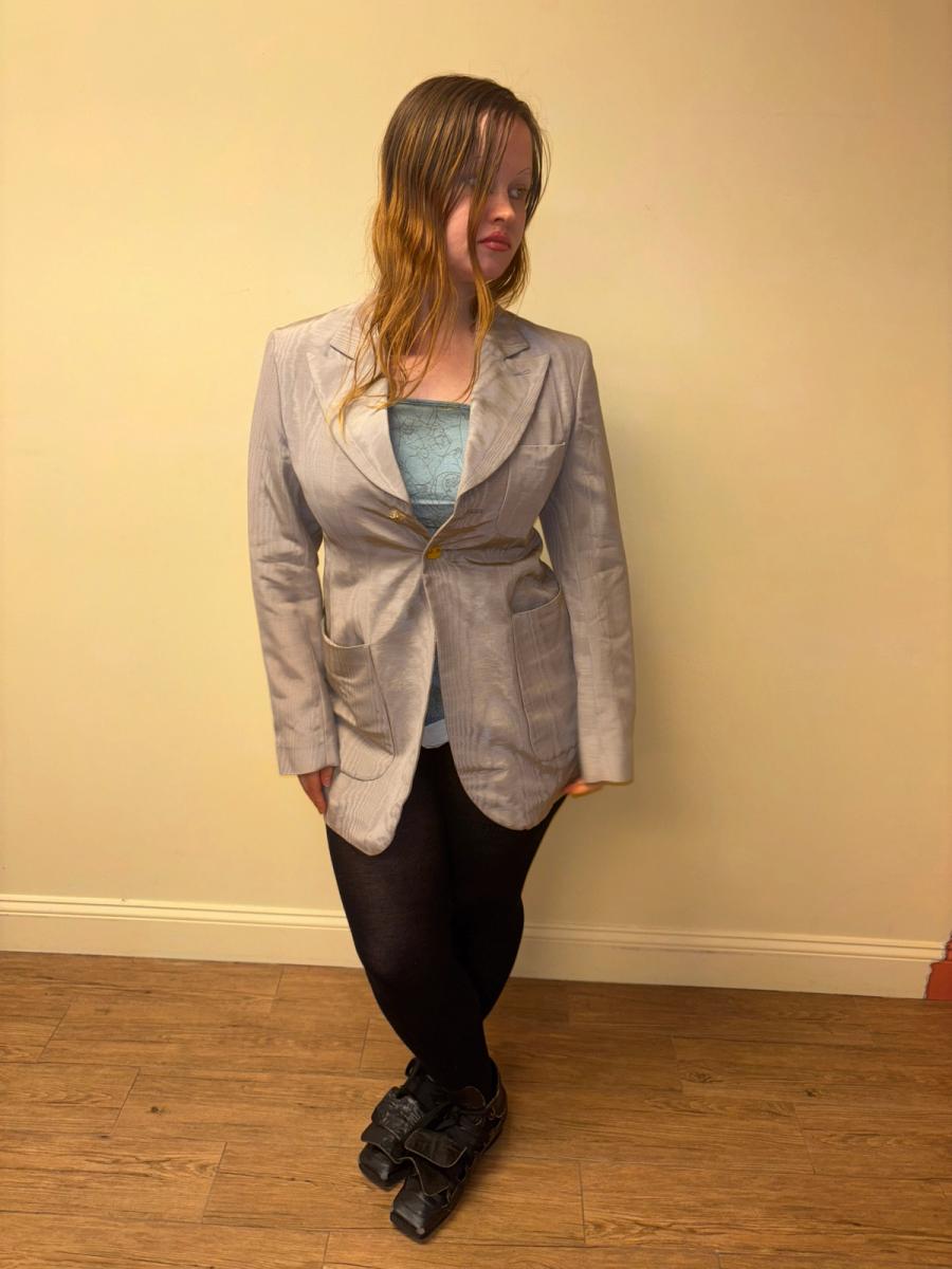 90s Westwood Lavender Moiré Jacket With Engraved Orb Buttons product image