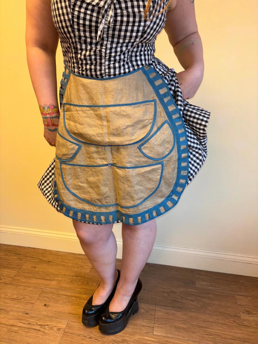 Victorian Natural Linen Apron with Blue Tape Detailing product image